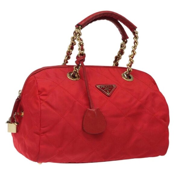 PRADA Hand Bag Nylon Red Gold Auth 116075